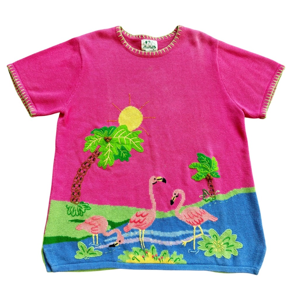 Quacker Factory Flamingo Palm Tree Pink Knit Short Sleeve Sweater Top XL